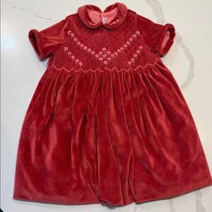 Cir Roma Italian Red Velvet Dress with Smocked Embroidered Details